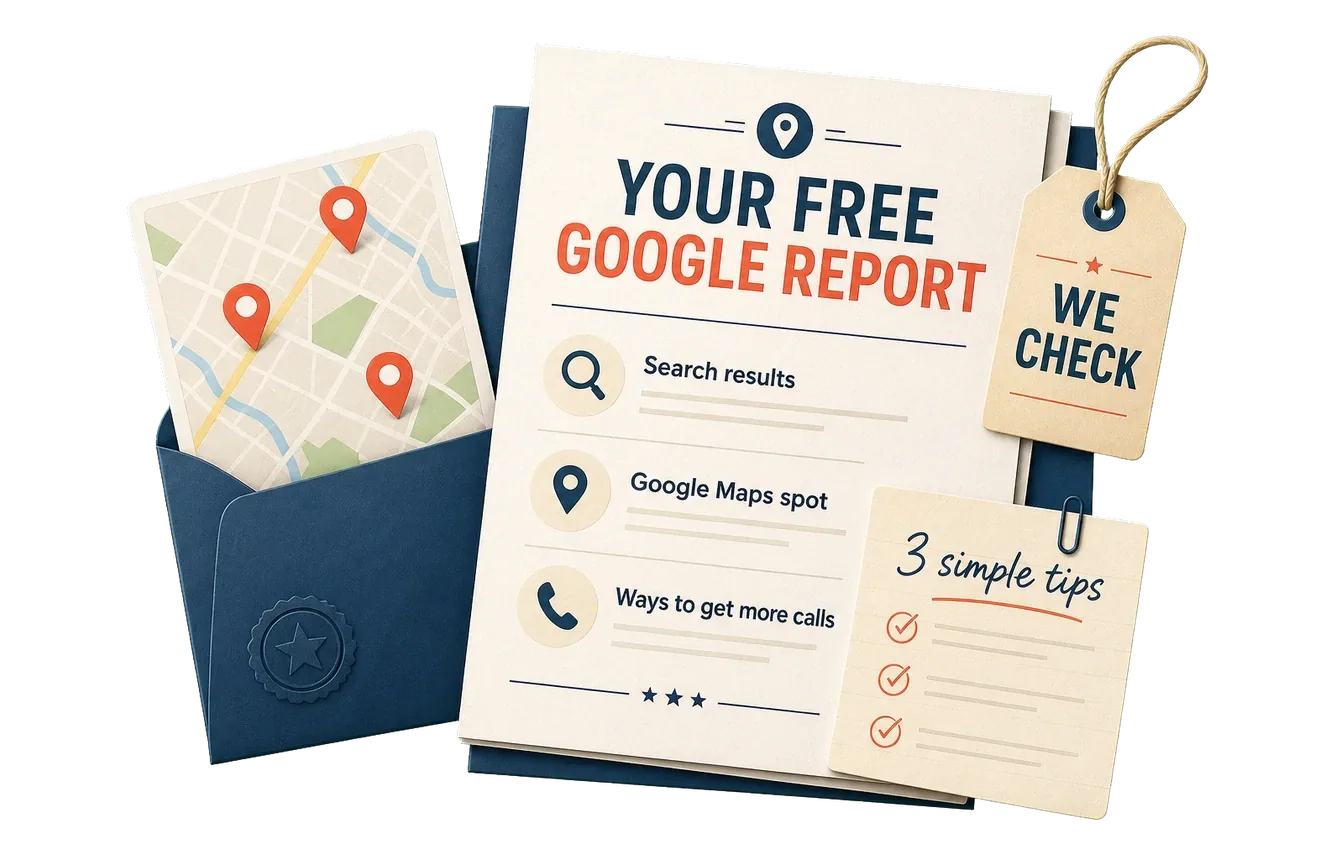 Illustrated local Google visibility report with ranking tracker, map results, and call forecast